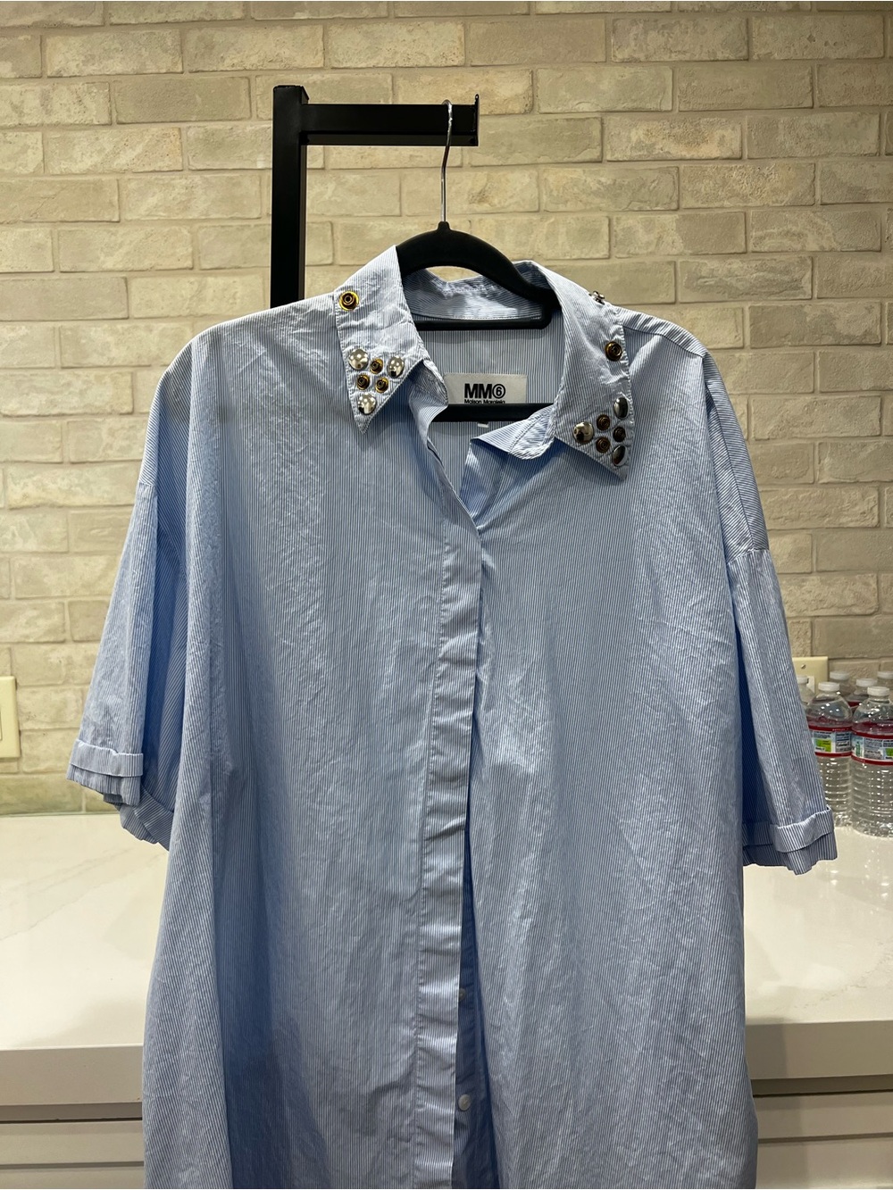 Maison Martin Margiela MM6 Pinstripe Poplin Blue Collar Studded Shirt Dress 44